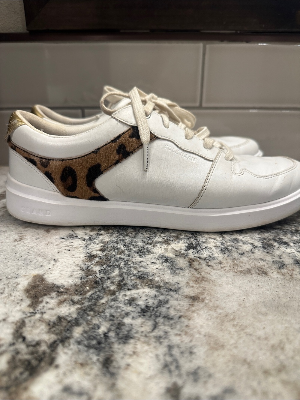 Cole Haan White Leather Sneakers with Leopard Accent